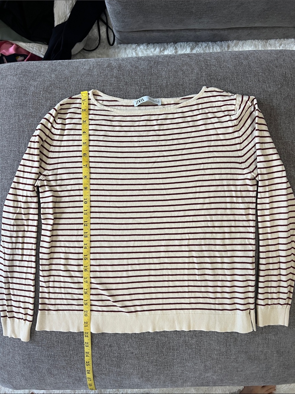 Zara Cream and Burgundy Striped Boatneck Long Sleeve Tee